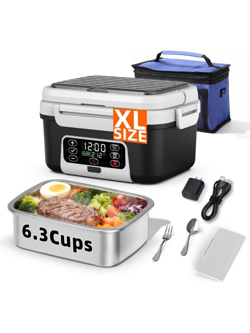 XL Heated Electric Lunch Box - 6.3 Cups, Rechargeable, Smart Food Warmer for